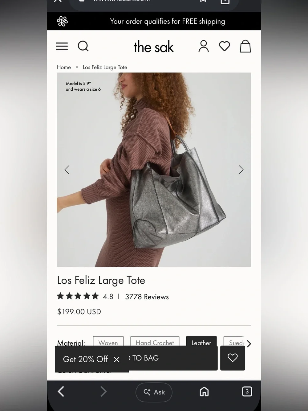 The Sak Los Feliz Large Tote Bag, Metallic Silver